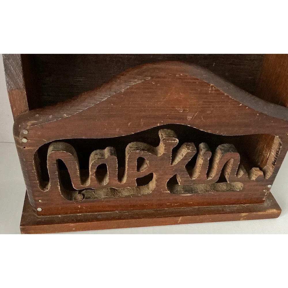Vintage Wooden Napkin Holder Wall Mount Cutout Lettering Brown Rustic Kitchen